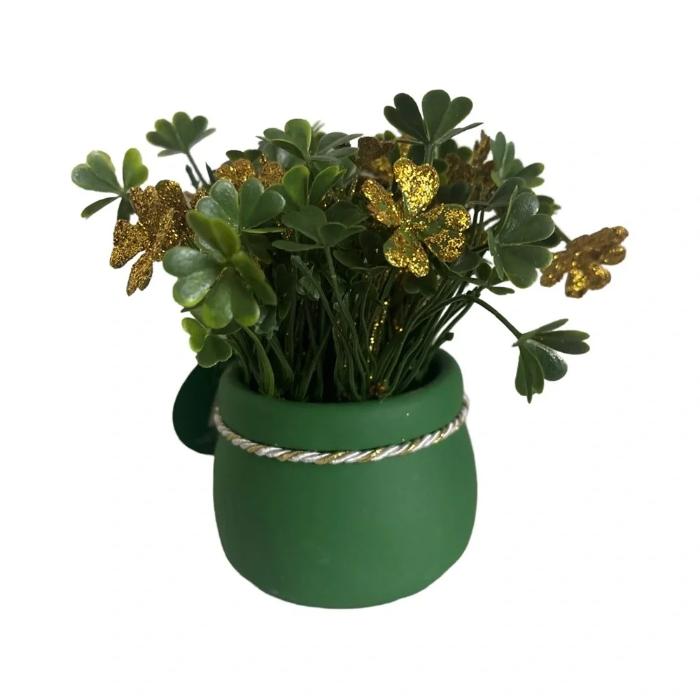 St Patricks Day Table Top Decor Green Gold Decorative Four Leaf Clover Plant Pot